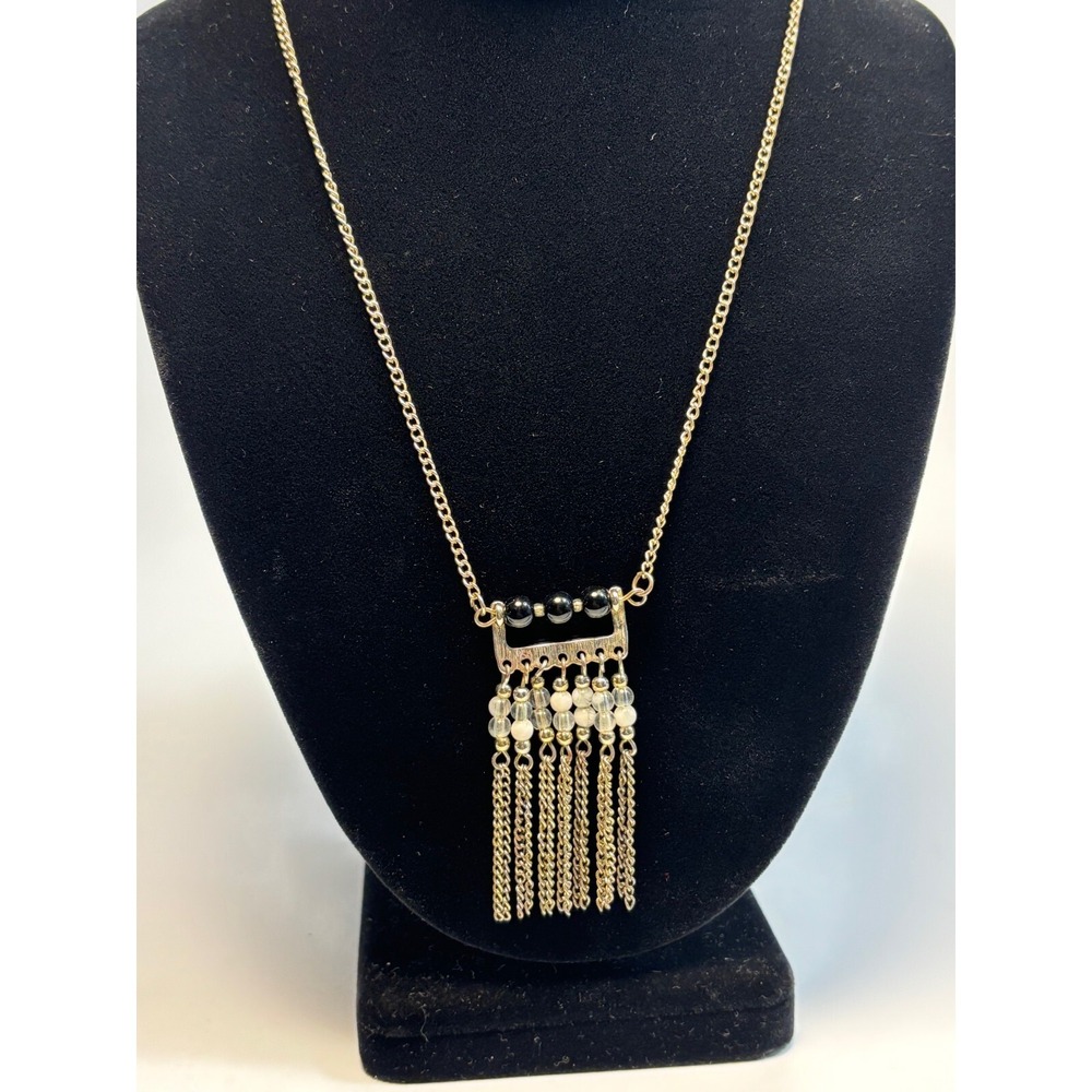 Necklace‎ In Gold Tone Boho Beaded Statement Pendant Delicate Black and White